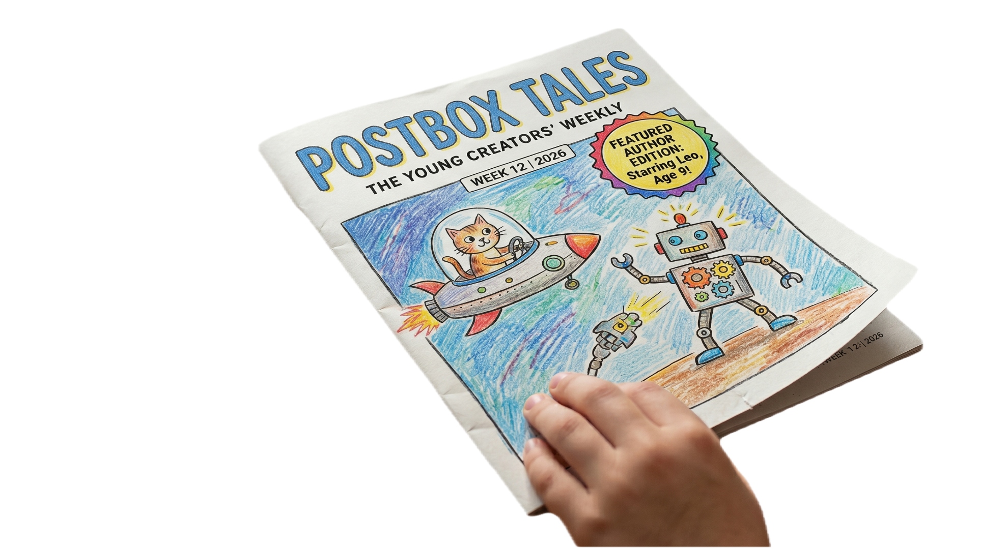 A Postbox Tales Week 12 sample magazine with a child's drawing on the cover